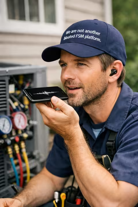 HVAC technician in a branded cap dictating job notes on his phone next to an open HVAC unit